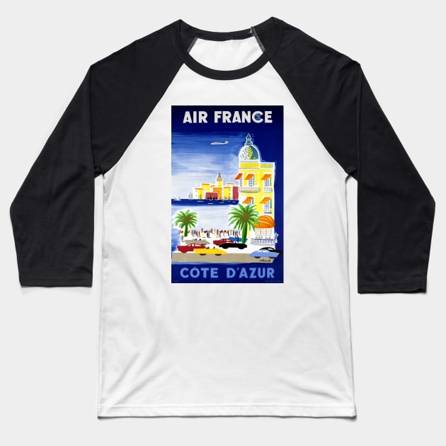 Vintage Travel Poster Air France Cote d'Azur Baseball T-Shirt by vintagetreasure